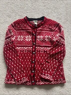 Vintage 2000’s L.L. Bean 100% Lambs Wool Red Fair Isle Button Cardigan Sweater